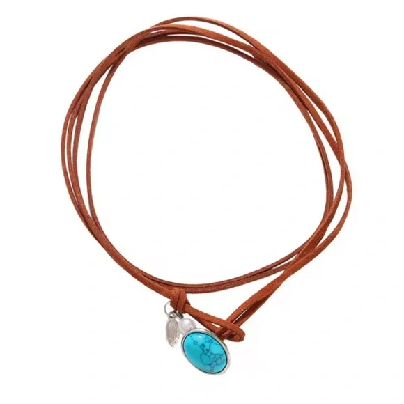 Boho Turquoise Choker Necklace Beachy Layered Brown Cord - Picture 3 of 6